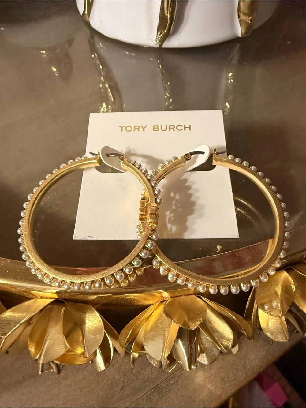 Tory Burch Gold Hoop Earrings with Pearl Accent